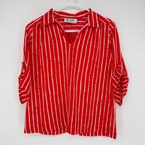 Vtg Teddi of CA Red White Striped Roll‎ Tab Sleeve Collared Shirt Blouse Size 10